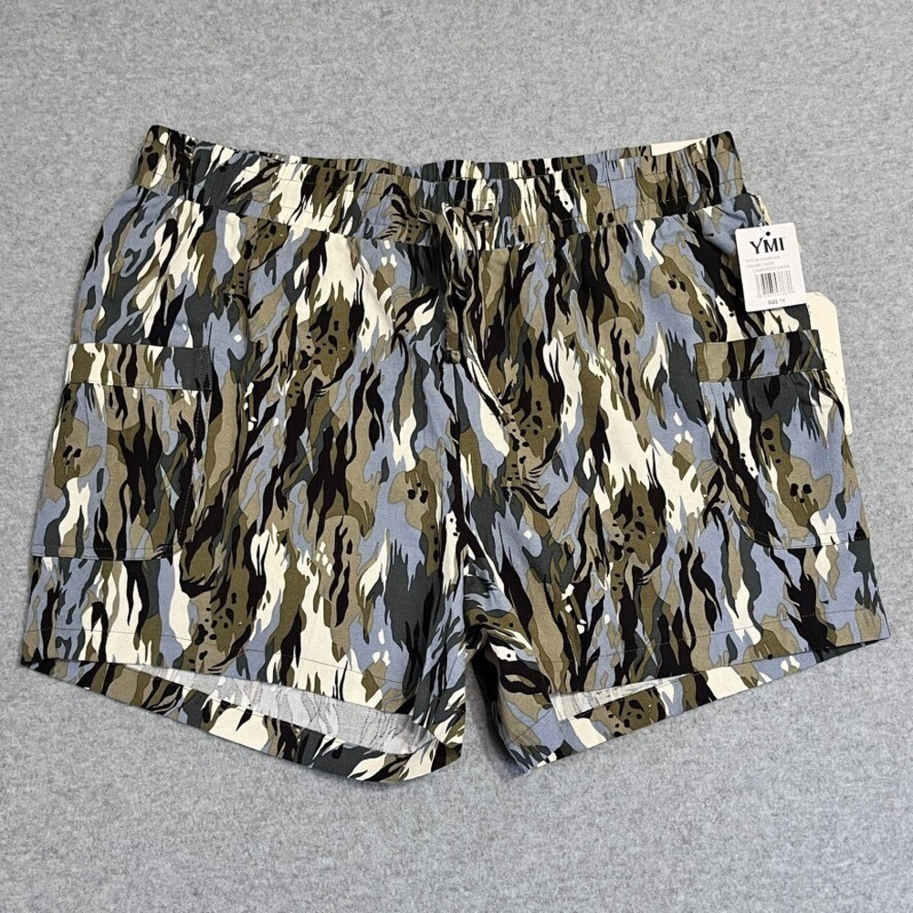 YMI Shorts Womens 1X Green Pull On Linen Blend 4.5" Inseam Camo Reef New